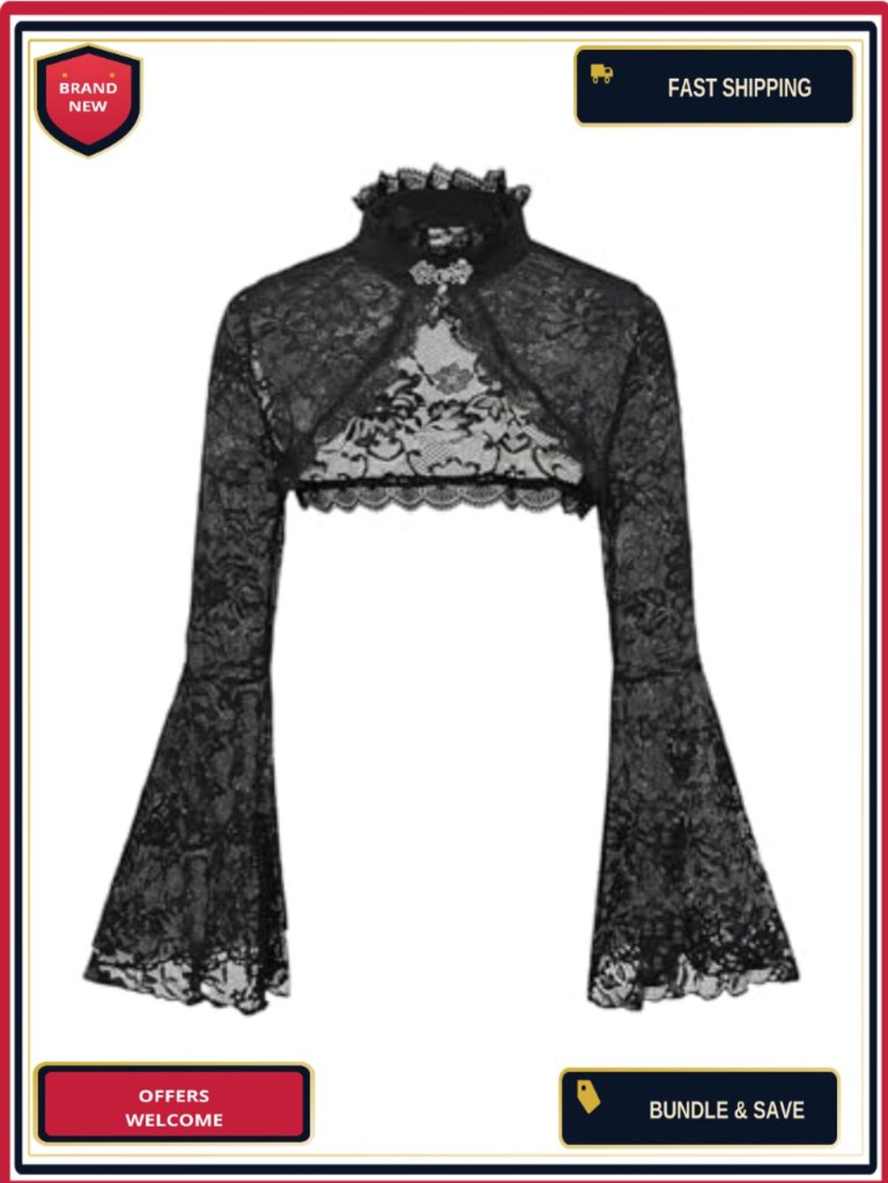 Plus Size Lace Crop Top Bell Sleeve Shrug Sheer Mesh Mock Neck